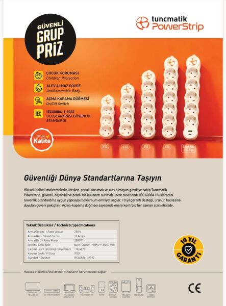 Tunçmatik TSK19058 6lı 1,5M Grup Priz Powerstrip6