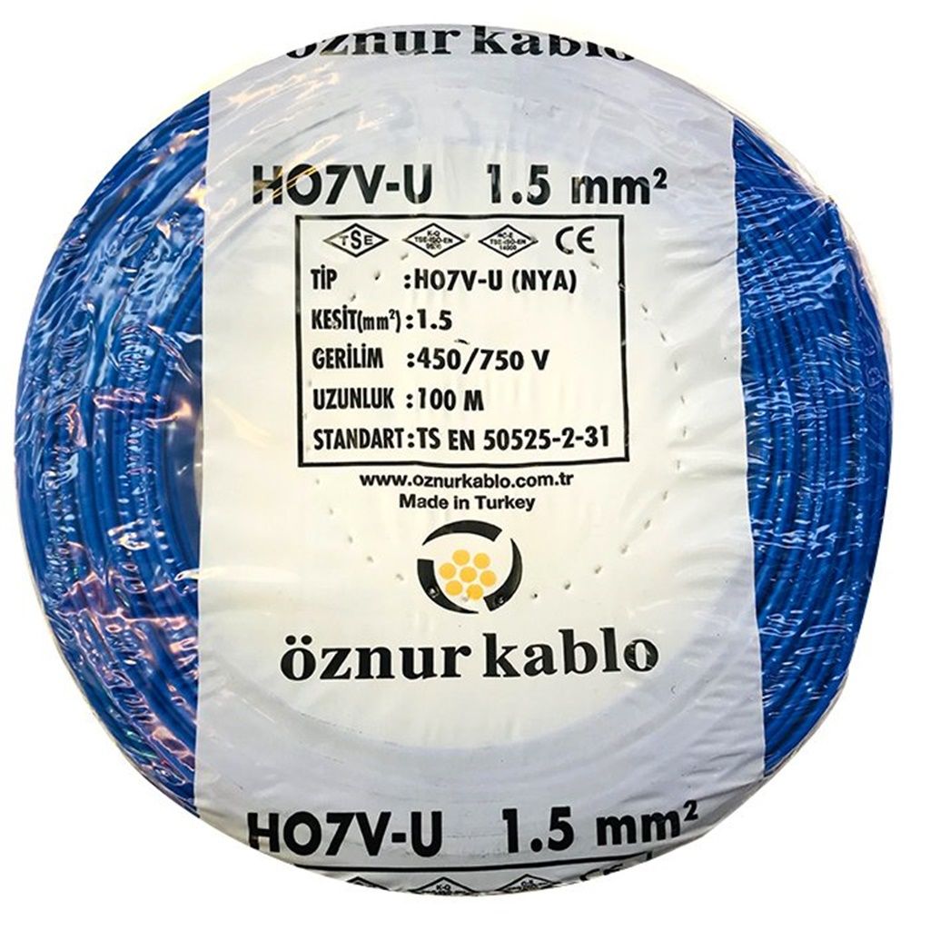 Öznur 1,5 MM Nya Kablo Mavi 450/750V ''H07V-U'' (100 Metre)