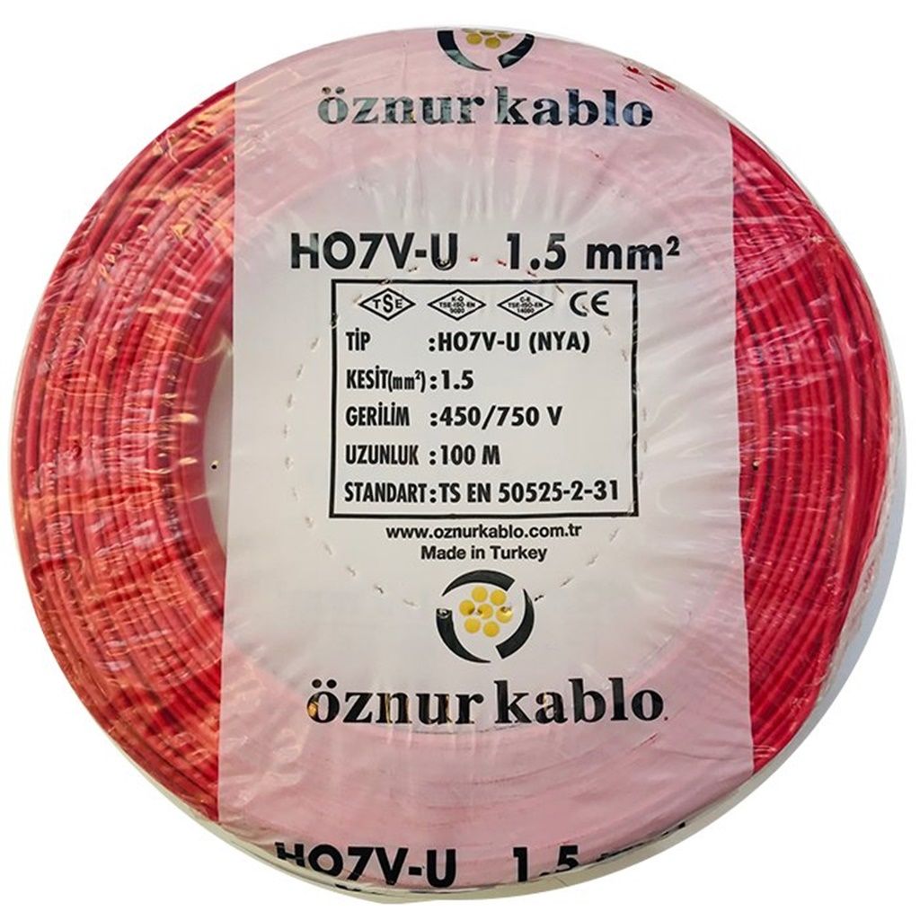 Öznur 1,5 MM Nya Kablo Kırmızı 450/750V ''H07V-U'' (100 Metre)