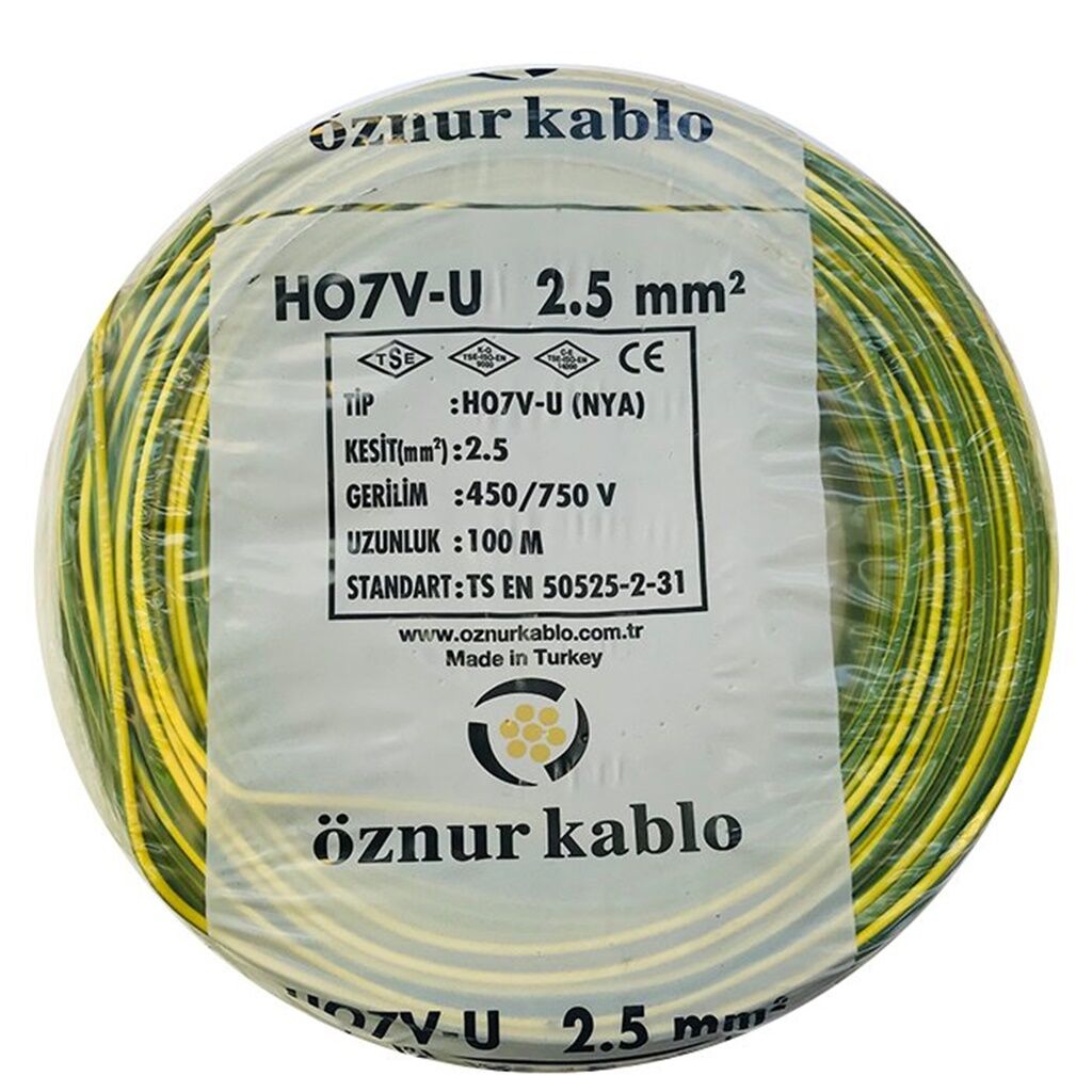 Öznur 2,5 MM Nya Kablo Sarı-Yeşil 450/750V ''H07V-U'' (100 Metre)