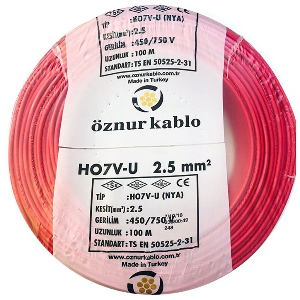 Öznur 2,5 MM Nya Kablo Kırmızı 450/750V ''H07V-U'' (100 Metre)