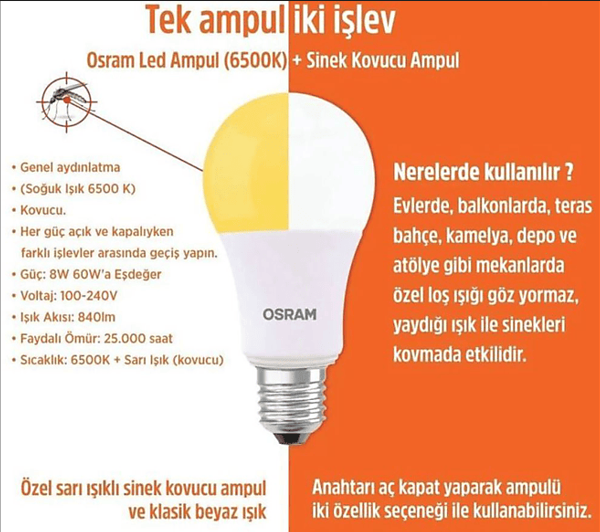 OSRAM LCLA 60 MOSQ 8V/865 220V E27 Sinek Kovar Ampul Beyaz